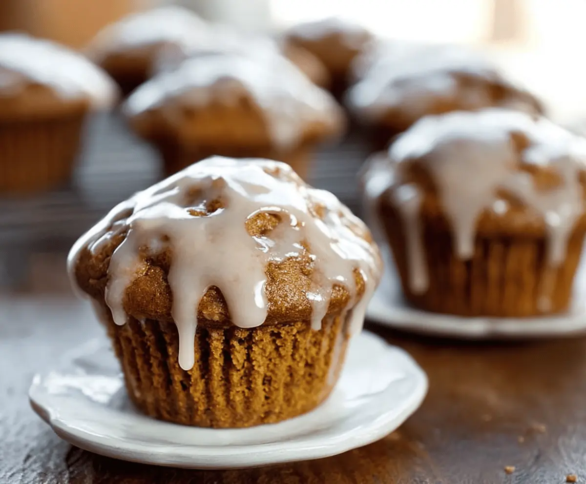 Delicious glazed pumpkin muffins topped with icing, perfect for fall baking and breakfast treats