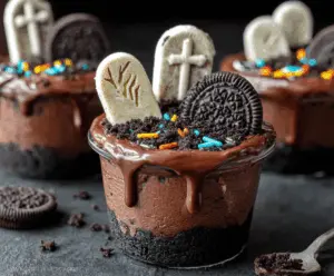 Delicious Graveyard Chocolate Pudding Cups decorated with spooky gummy worms and cookie tombstones for Halloween dessert