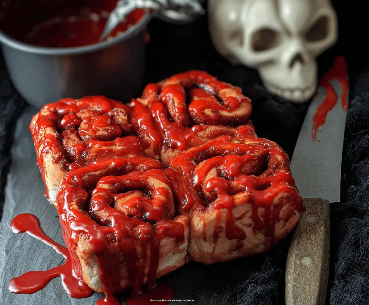 Delicious Halloween Bloody Cinnamon Rolls topped with red icing and spooky decorations for a festive treat.