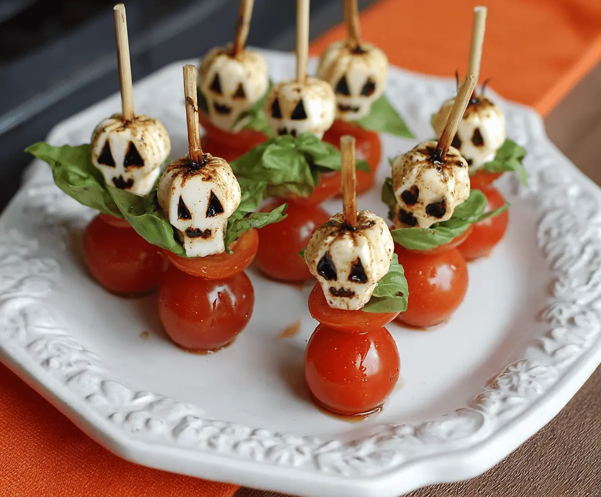 Colorful Halloween Caprese Skewers with cherry tomatoes, fresh mozzarella, basil, and spooky themed decorations perfect for Halloween parties