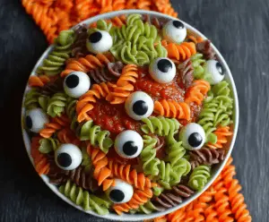 Colorful Halloween Eyeball Pasta Salad with spooky eyeball-shaped pasta and fresh vegetables for a festive party appetizer.
