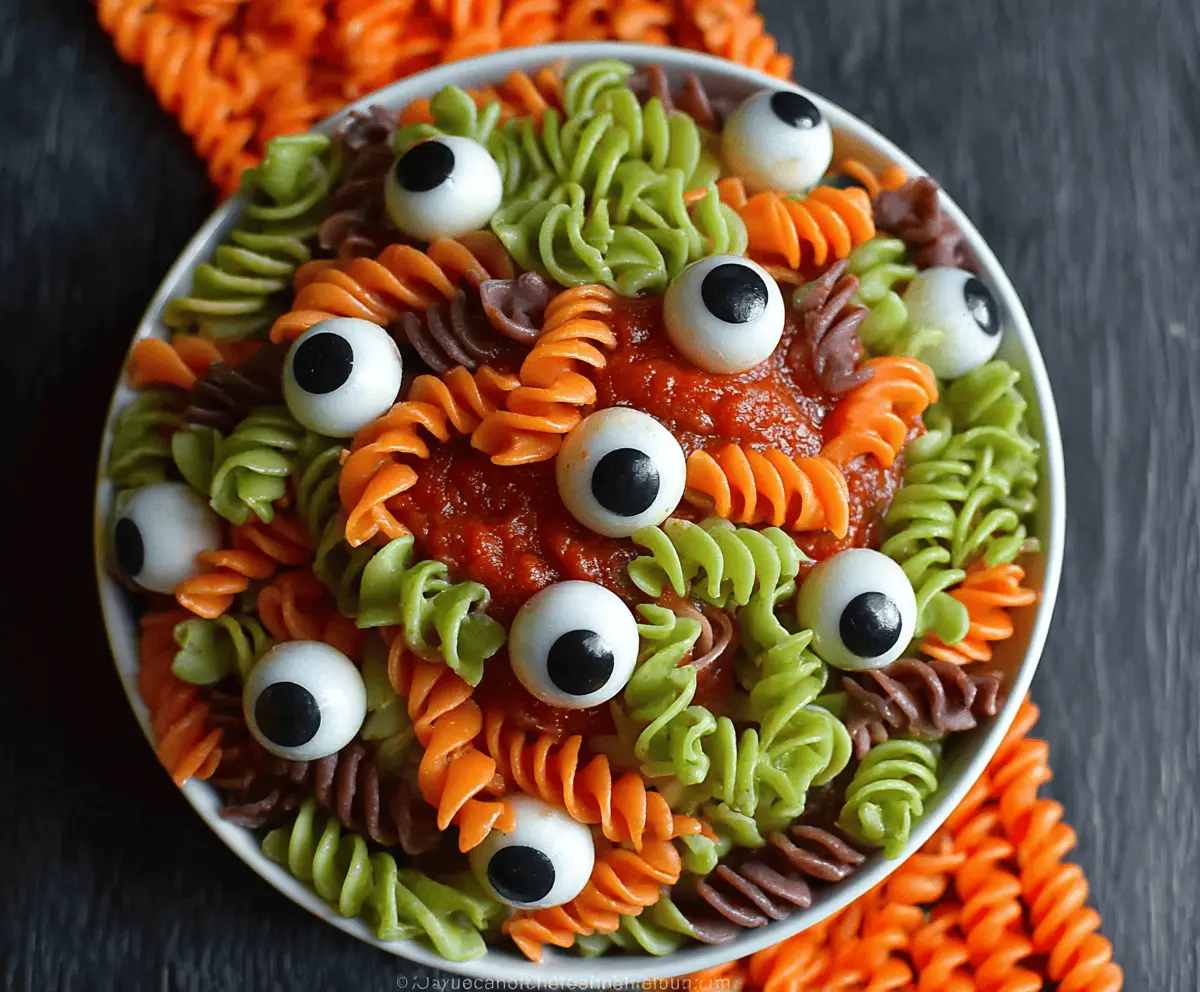 Colorful Halloween Eyeball Pasta Salad with spooky eyeball-shaped pasta and fresh vegetables for a festive party appetizer.