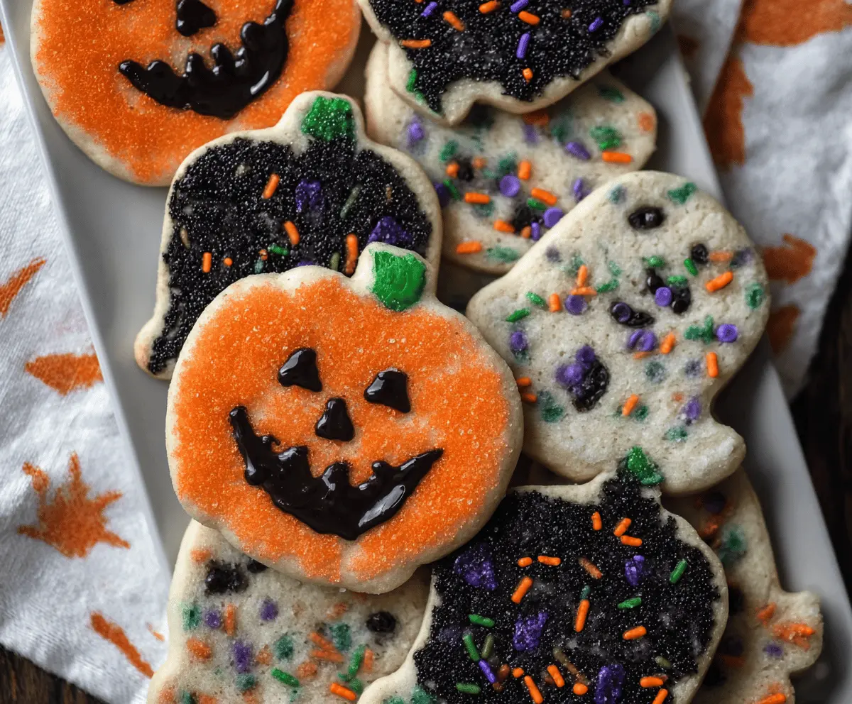 Delicious Halloween shortbread cookies decorated with spooky icing and themed Halloween designs on a festive plate.