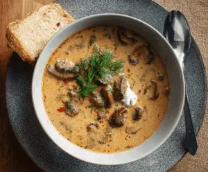 Creamy Hungarian Mushroom Soup in a bowl with fresh herbs, served with crusty bread on a rustic wooden table.