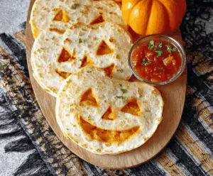Colorful jack-o'-lantern-shaped quesadillas with melted cheese and festive Halloween presentation on a plate.