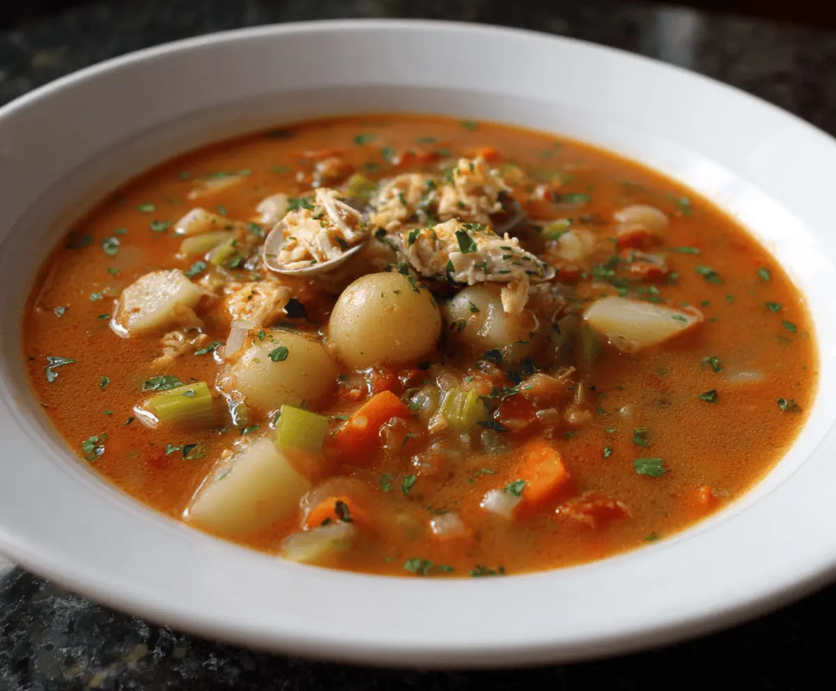 A bowl of hearty Manhattan Clam Chowder garnished with fresh herbs, featuring tender clams, potatoes, tomatoes, and vegetables in a rich tomato-based broth.