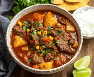 A hearty bowl of Mexican Beef Stew featuring tender beef chunks, vegetables, and traditional spices served with fresh herbs on top.