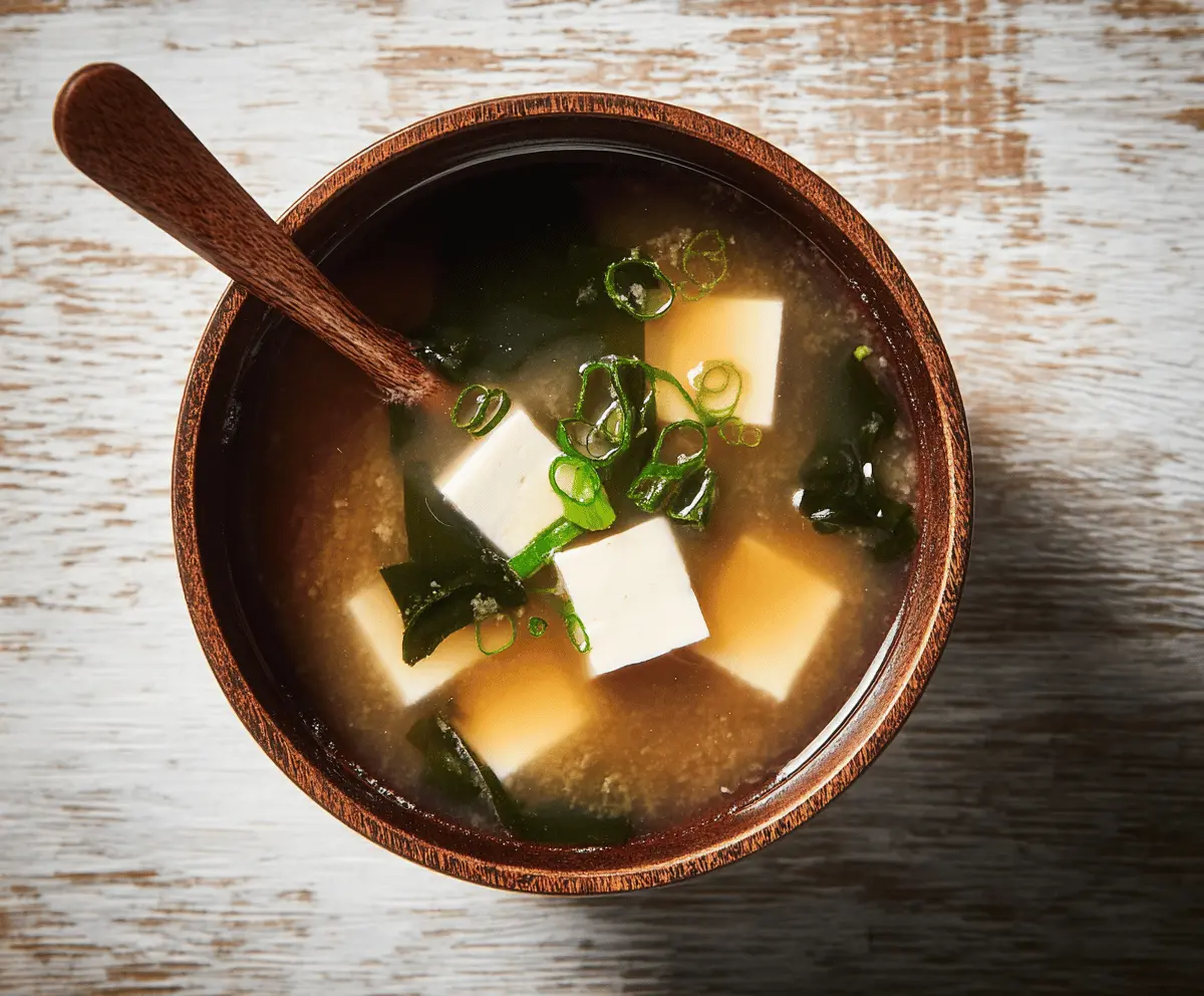 A bowl of steaming miso soup garnished with sliced green onions and seaweed, served in a traditional ceramic bowl.
