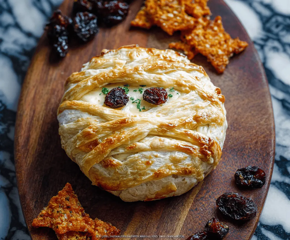 Delicious Mummy Baked Brie topped with spooky mummy bandages made from puff pastry for a fun Halloween appetizer