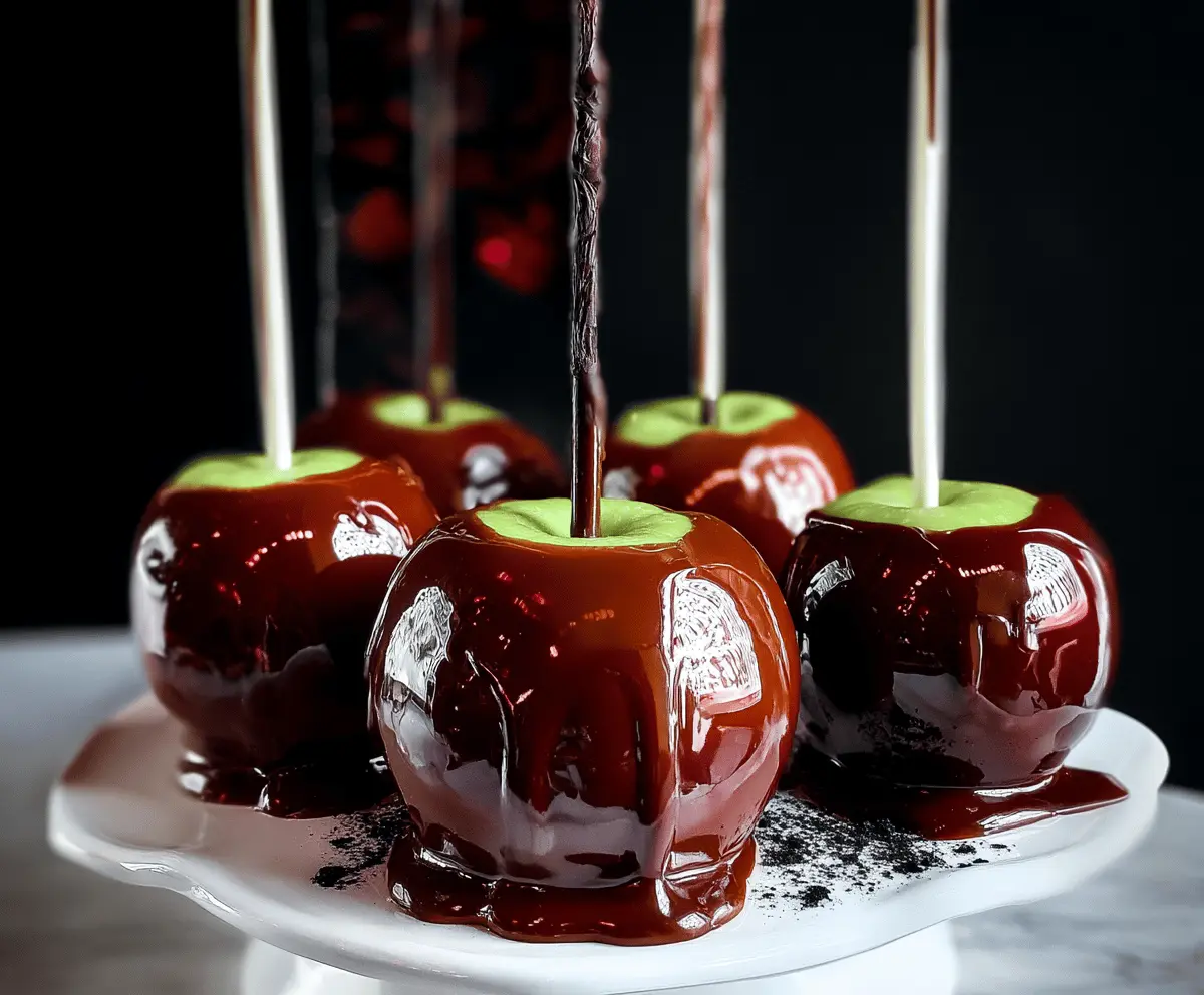 Delicious Poison Apple Caramel Apples with dark chocolate drizzles and spooky candy decorations, perfect for Halloween treats