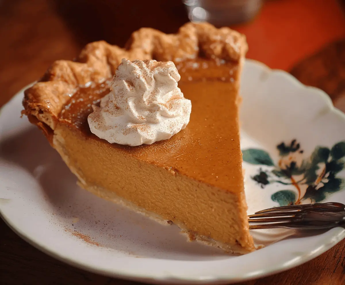 Delicious homemade Pumpkin Butter Pie topped with whipped cream and cinnamon, ready to serve during fall desserts.