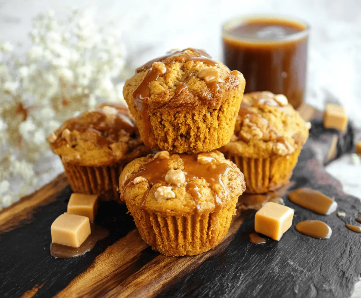 Delicious homemade pumpkin caramel muffins topped with caramel drizzle and a sprinkle of cinnamon on a rustic plate, perfect for fall desserts.