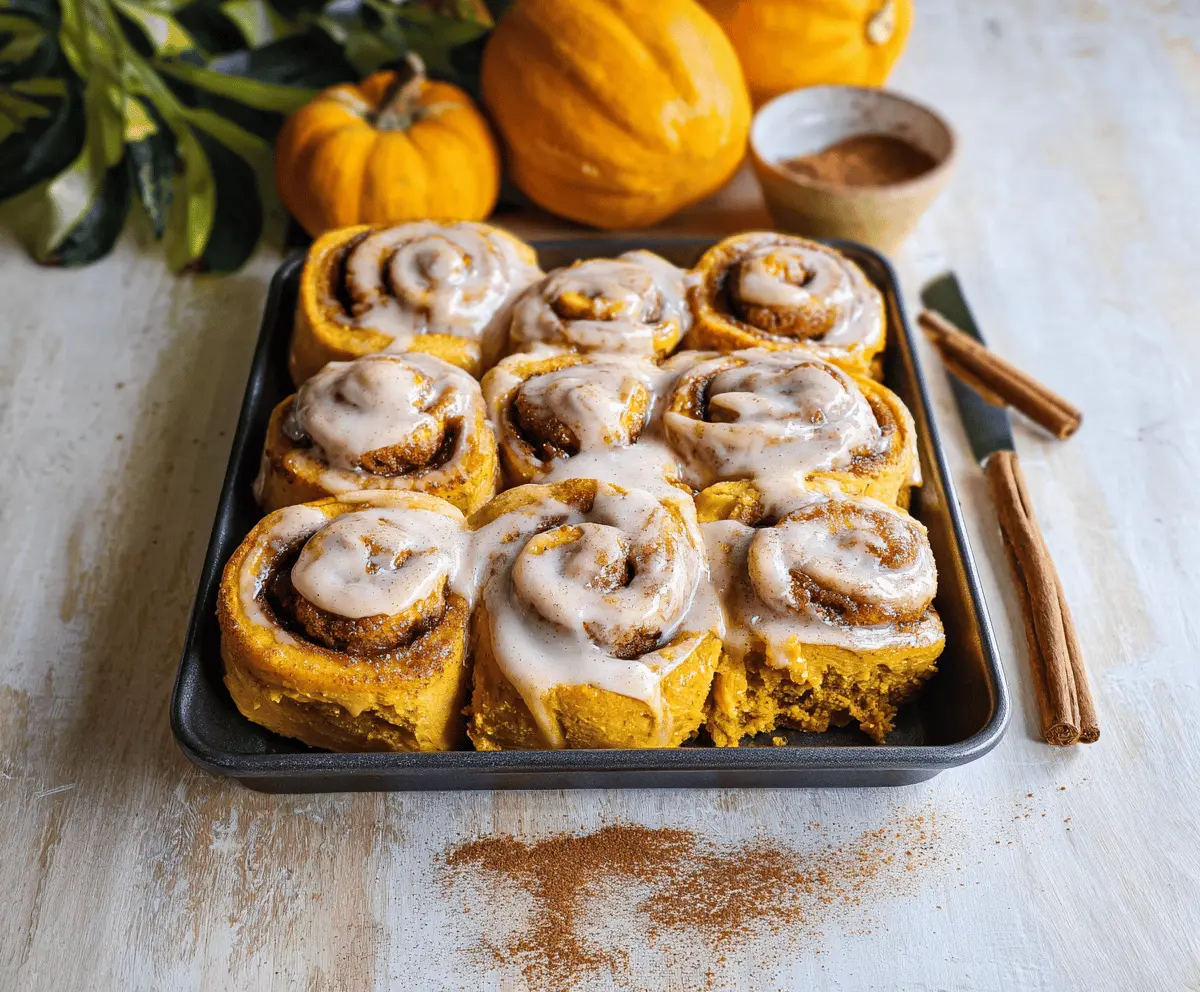 Delicious pumpkin cinnamon rolls topped with coffee maple frosting on a plate, ready to enjoy during fall breakfast or dessert time