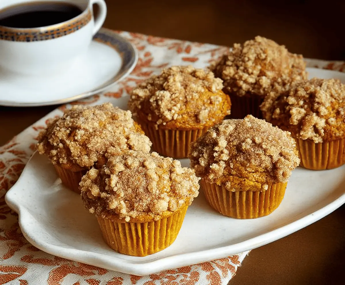Delicious homemade pumpkin coffee cake muffins topped with streusel crumble, perfect for fall breakfast or snack.