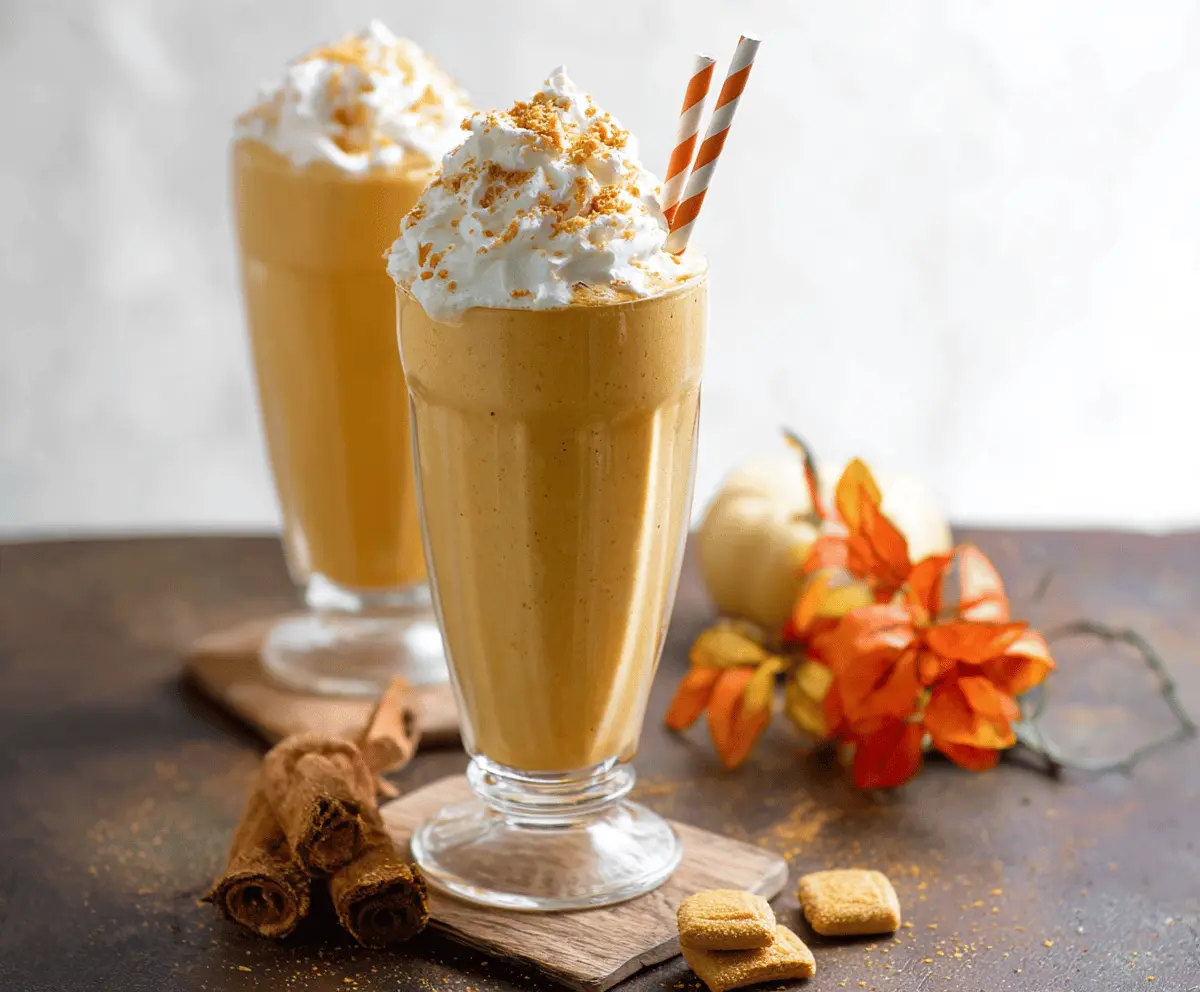 Creamy pumpkin milkshake topped with whipped cream and a sprinkle of cinnamon in a glass, perfect for fall desserts.