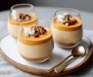 Creamy pumpkin panna cotta topped with whipped cream and a cinnamon garnish on a rustic plate, perfect for fall desserts.