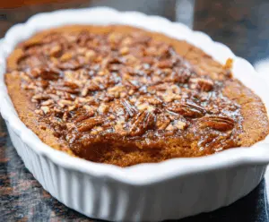 Delicious Pumpkin Pecan Cobbler topped with whipped cream and toasted pecans, perfect for fall dessert.