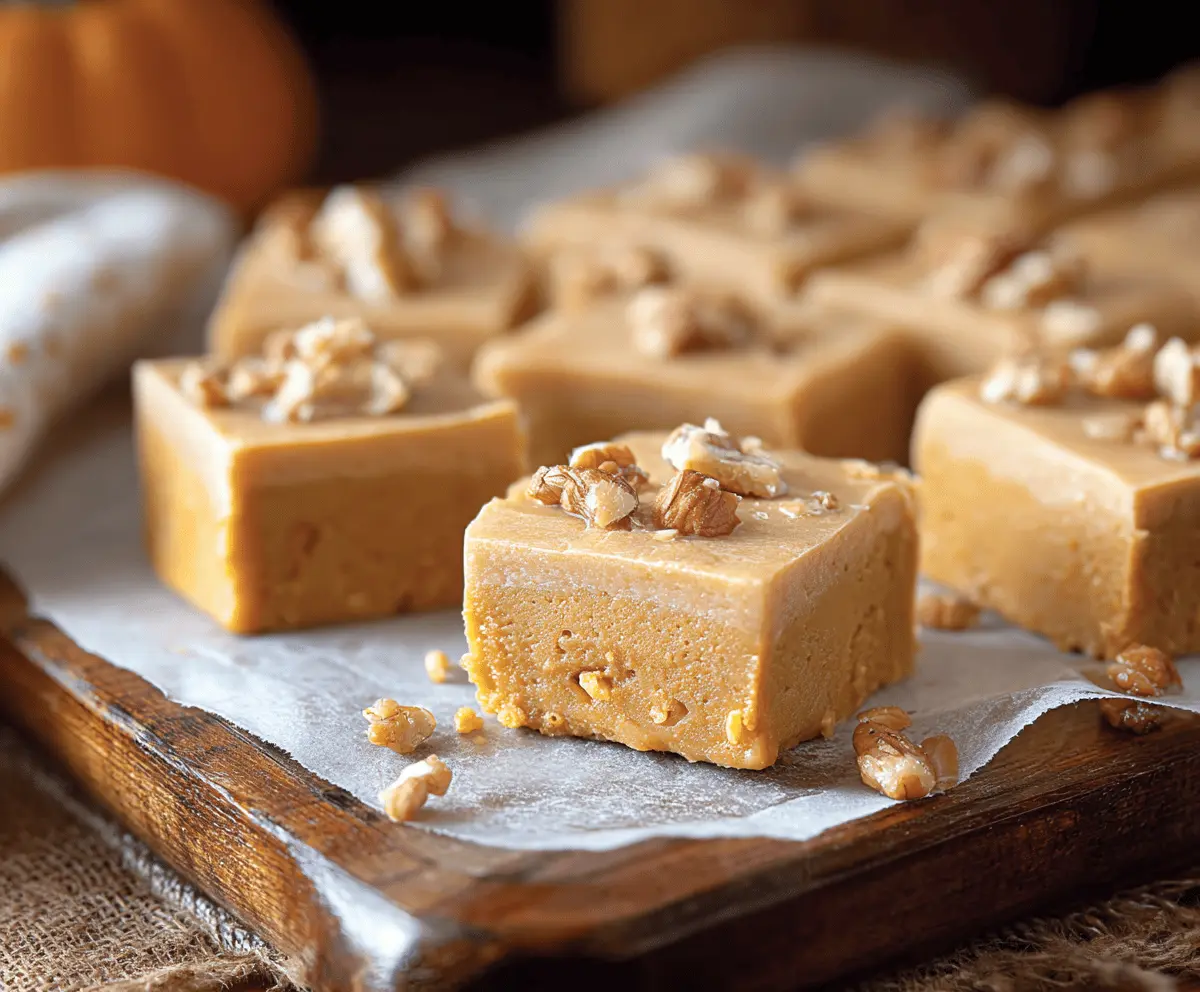 Creamy pumpkin pie fudge topped with whipped cream and a sprinkle of cinnamon, perfect for fall desserts.