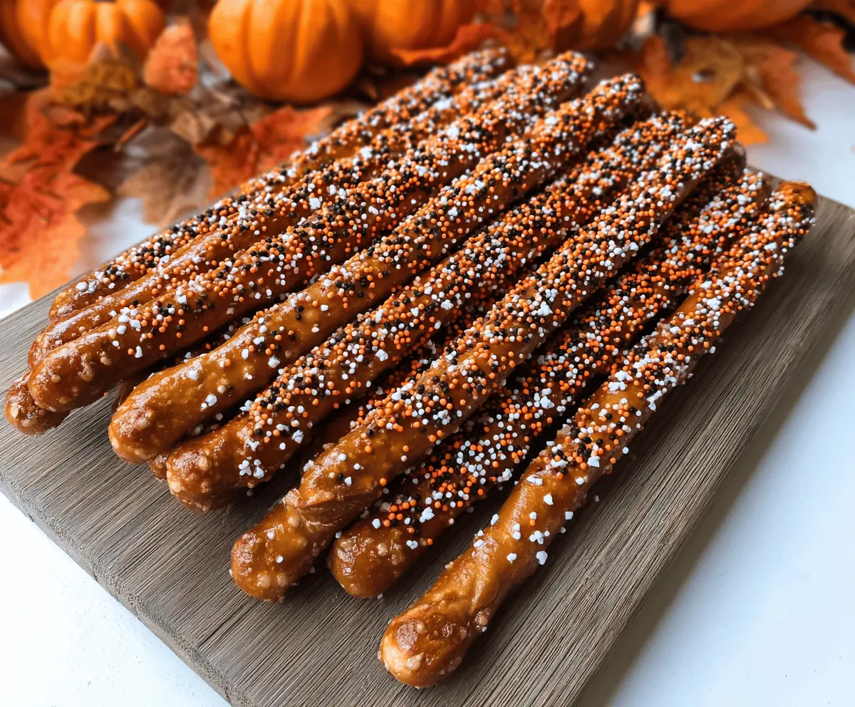 Delicious pumpkin-shaped pretzel rods decorated with orange icing and sprinkles, perfect for fall treats and Halloween celebrations.