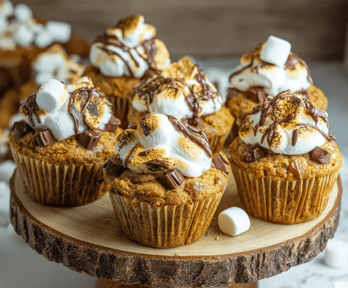 Delicious Pumpkin S'mores Muffins topped with toasted marshmallows and chocolate chips, perfect for fall treats.