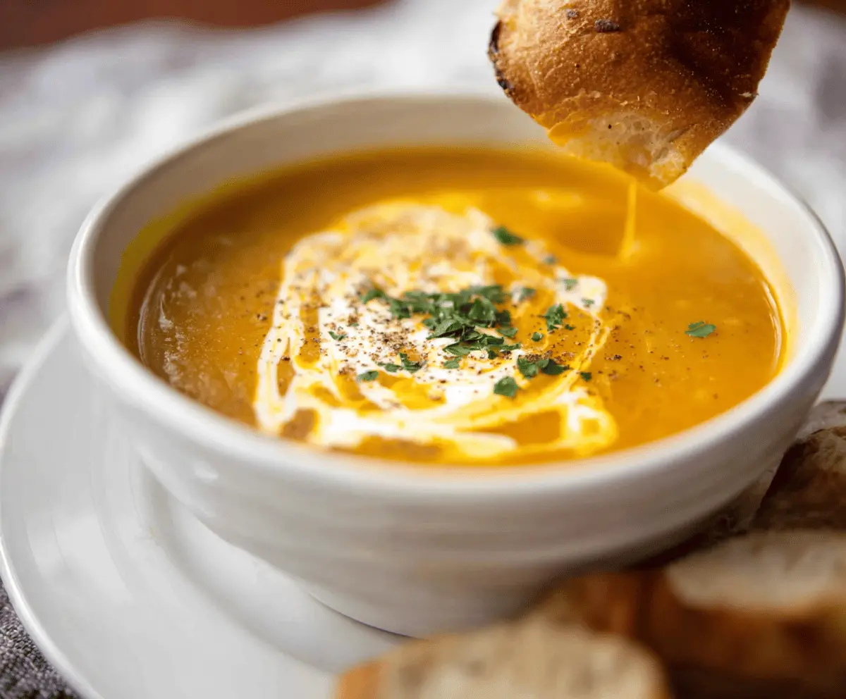 Creamy homemade pumpkin soup garnished with fresh herbs in a rustic bowl, perfect for cozy autumn meals.