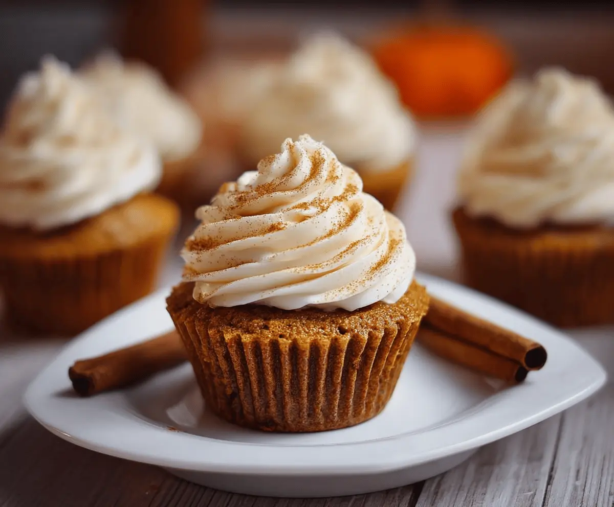 Delicious pumpkin spice cupcakes topped with creamy frosting and garnished with cinnamon for a cozy fall treat