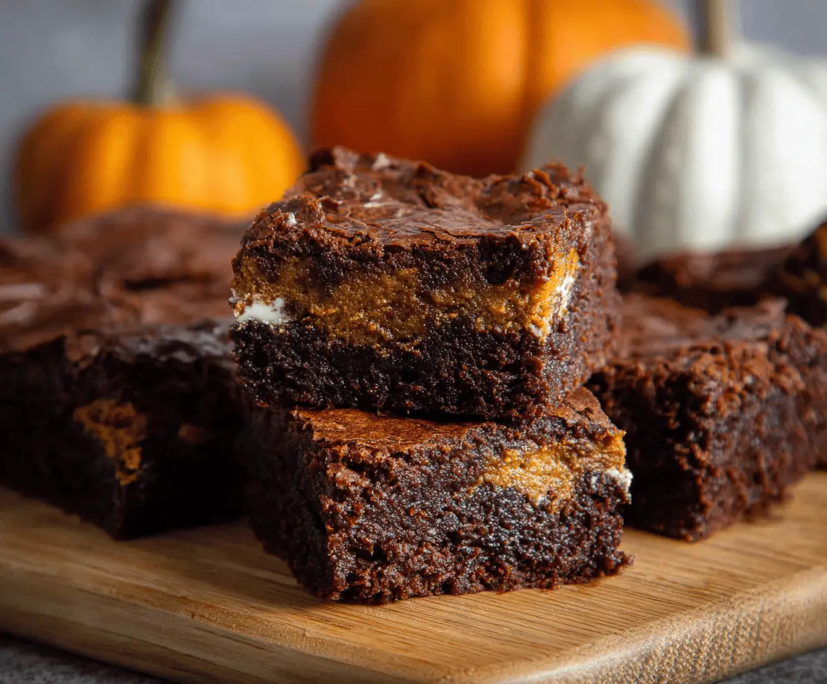 Delicious homemade pumpkin spiced brownies topped with a sprinkle of cinnamon, perfect for fall desserts.