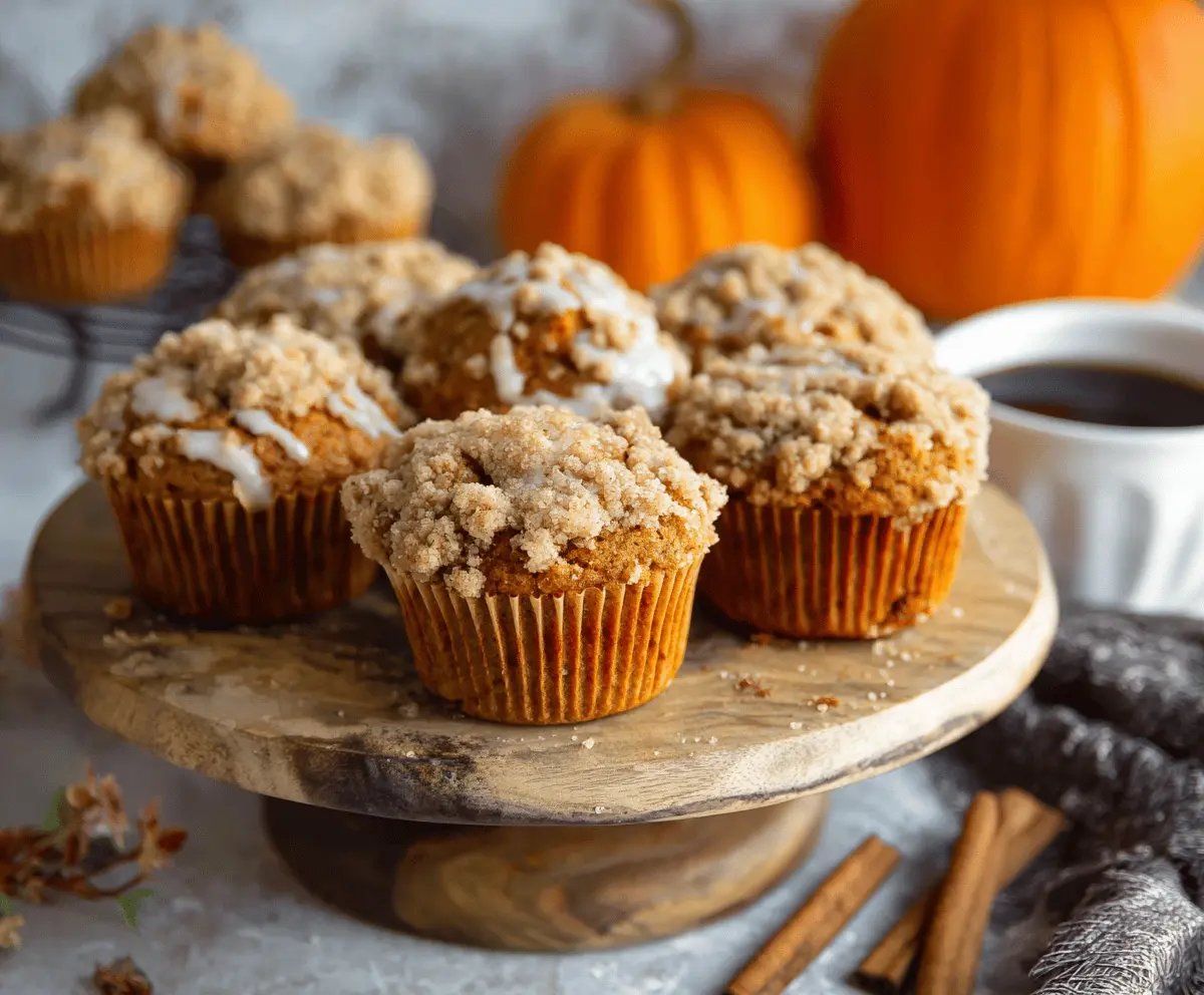 Delicious homemade pumpkin streusel muffins with golden crust and sweet crumb topping on a rustic baking tray, perfect for fall breakfast or snack.