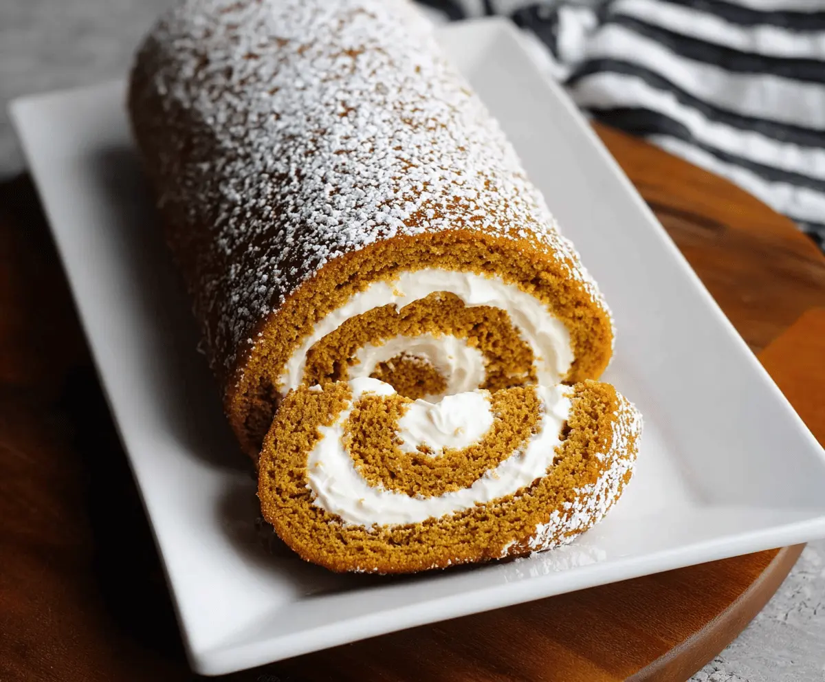 Delicious homemade pumpkin Swiss roll cake topped with cream cheese frosting and sprinkled with cinnamon, perfect for fall desserts.