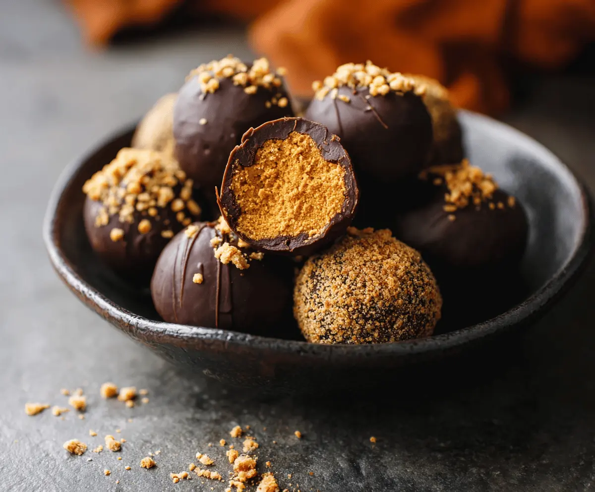 Delicious homemade pumpkin truffles with creamy pumpkin filling coated in chocolate, perfect for fall treats and holiday desserts.
