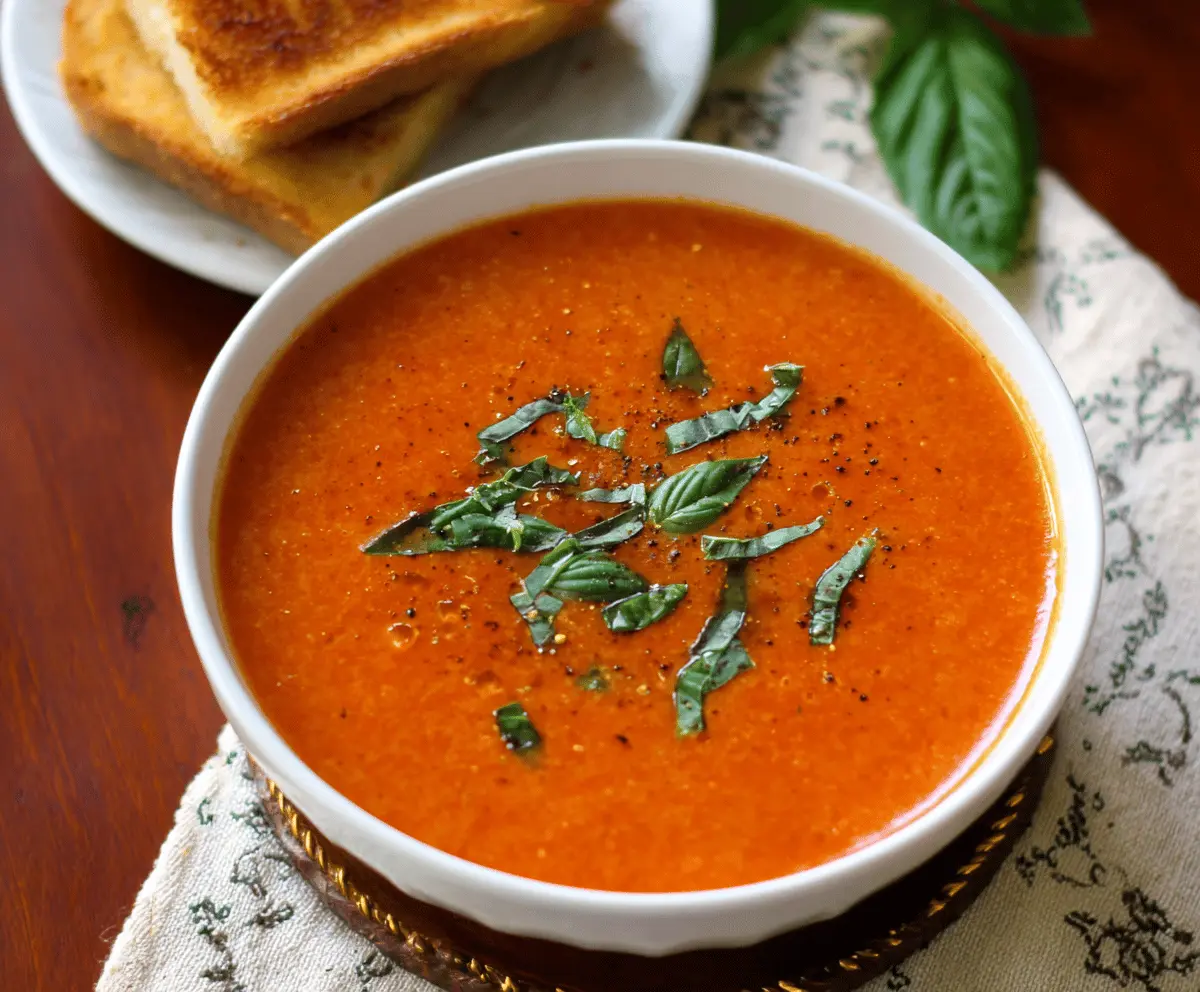 Creamy roasted tomato basil soup in a bowl topped with fresh basil leaves and served with crusty bread on a rustic wooden table.