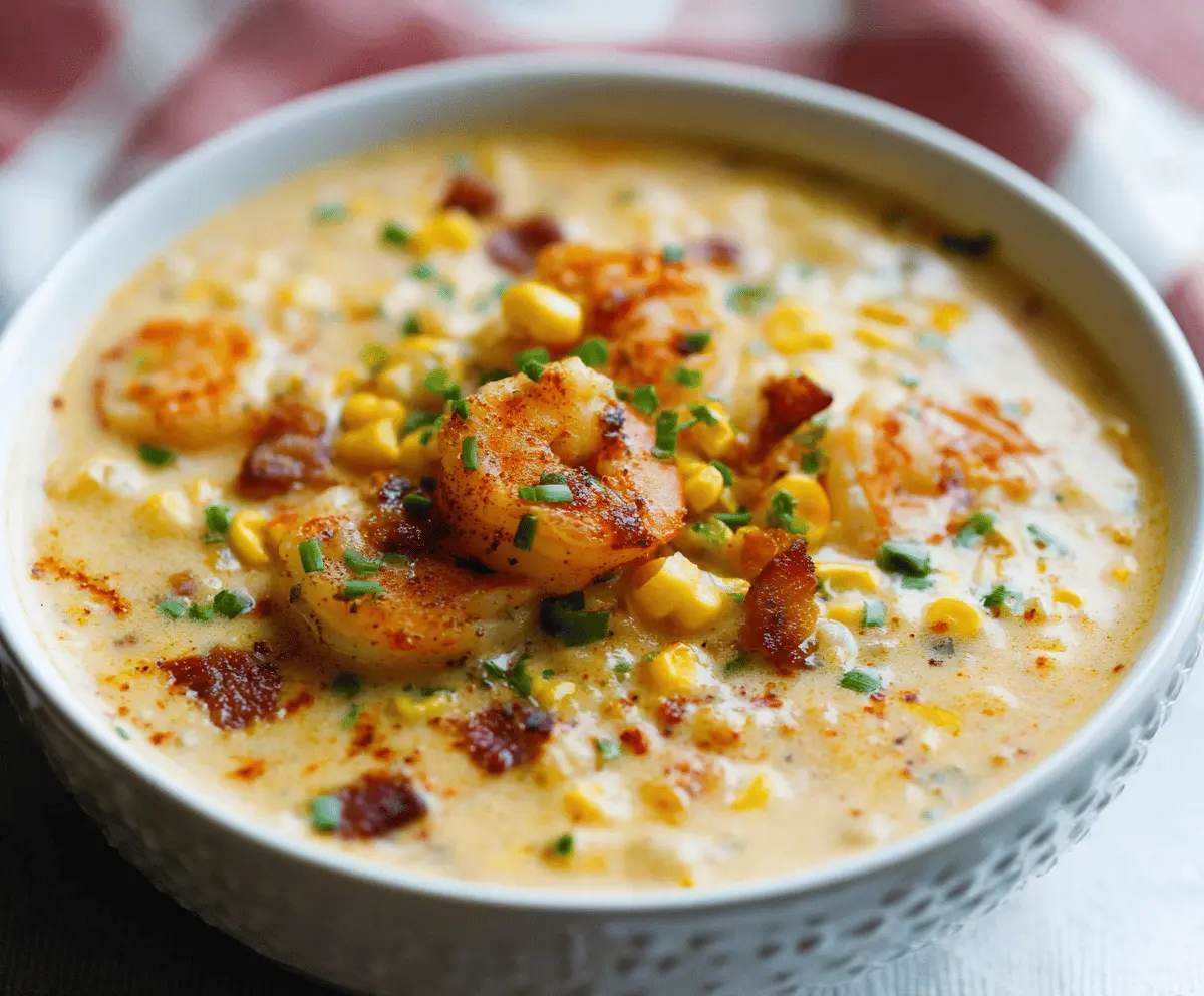 Creamy shrimp and corn chowder in a bowl garnished with fresh herbs, perfect for a comforting seafood meal.