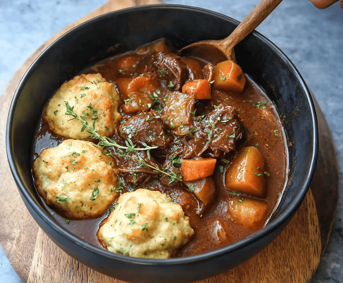 Delicious slow cooker beef stew with fluffy dumplings served in a rustic bowl, perfect for comforting homemade meals