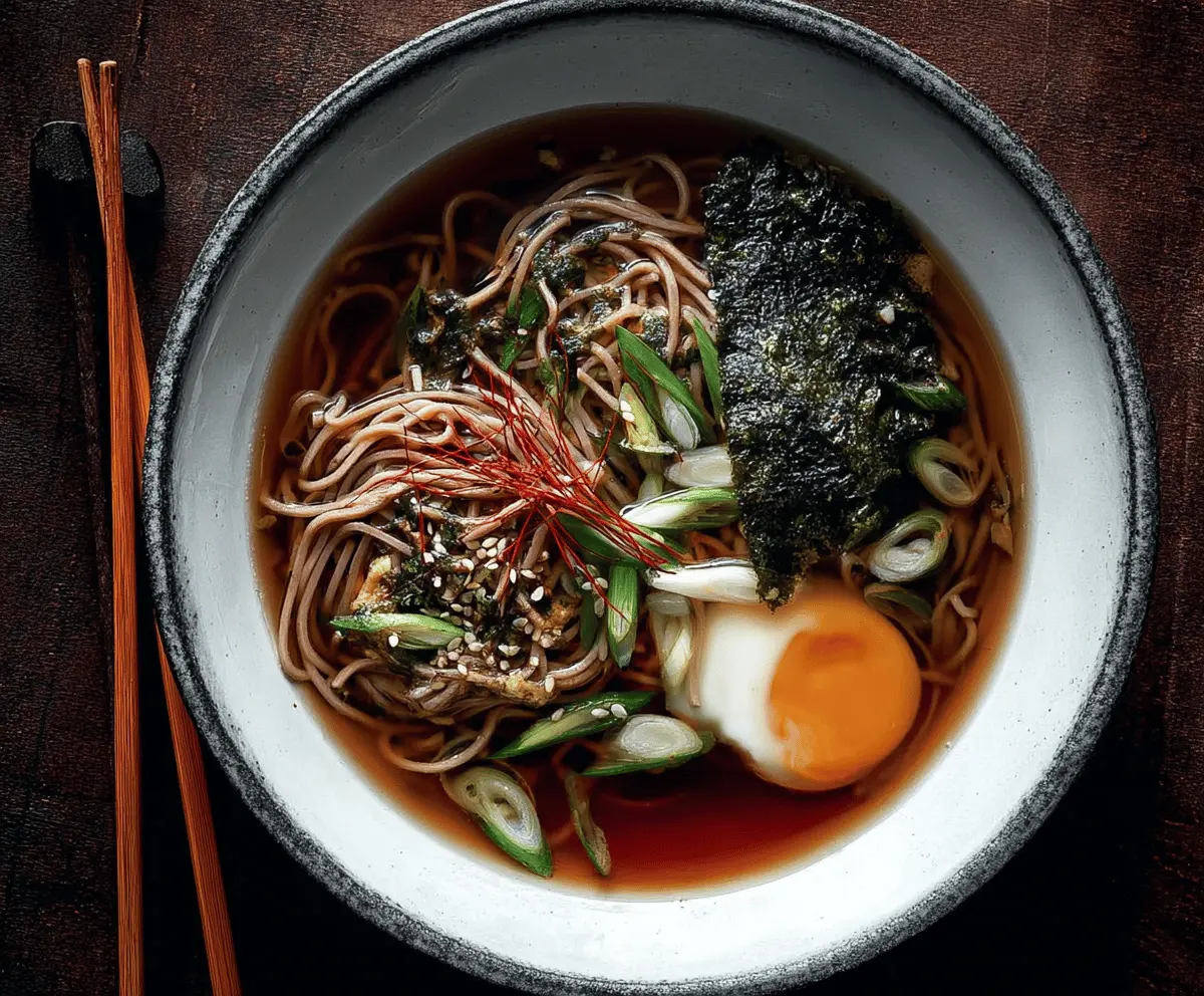 A bowl of steaming soba noodle soup garnished with green onions, nori, and sliced vegetables, served in a white ceramic bowl on a wooden table.