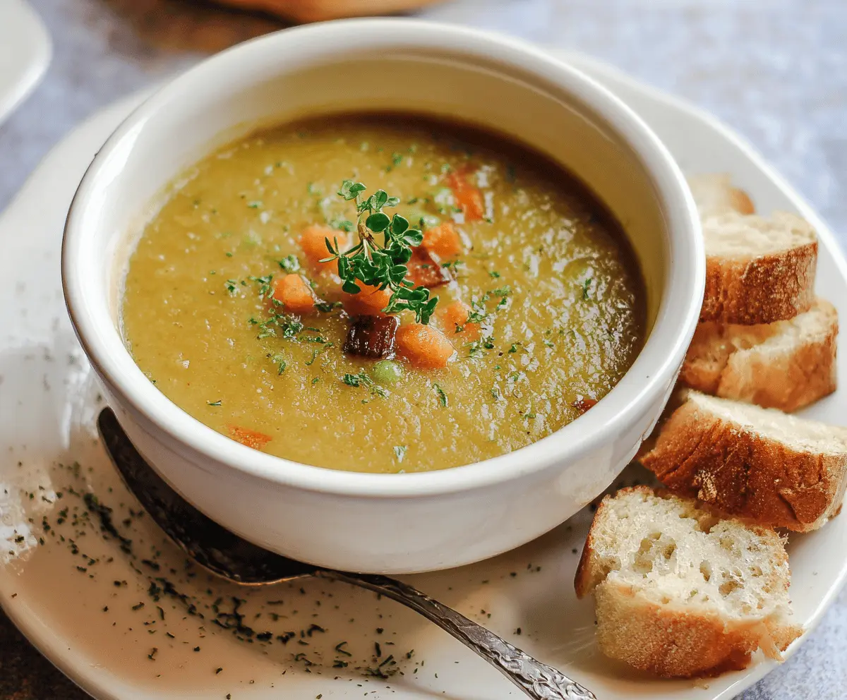 A bowl of hearty split pea soup garnished with fresh herbs and served with crusty bread on a rustic wooden table.
