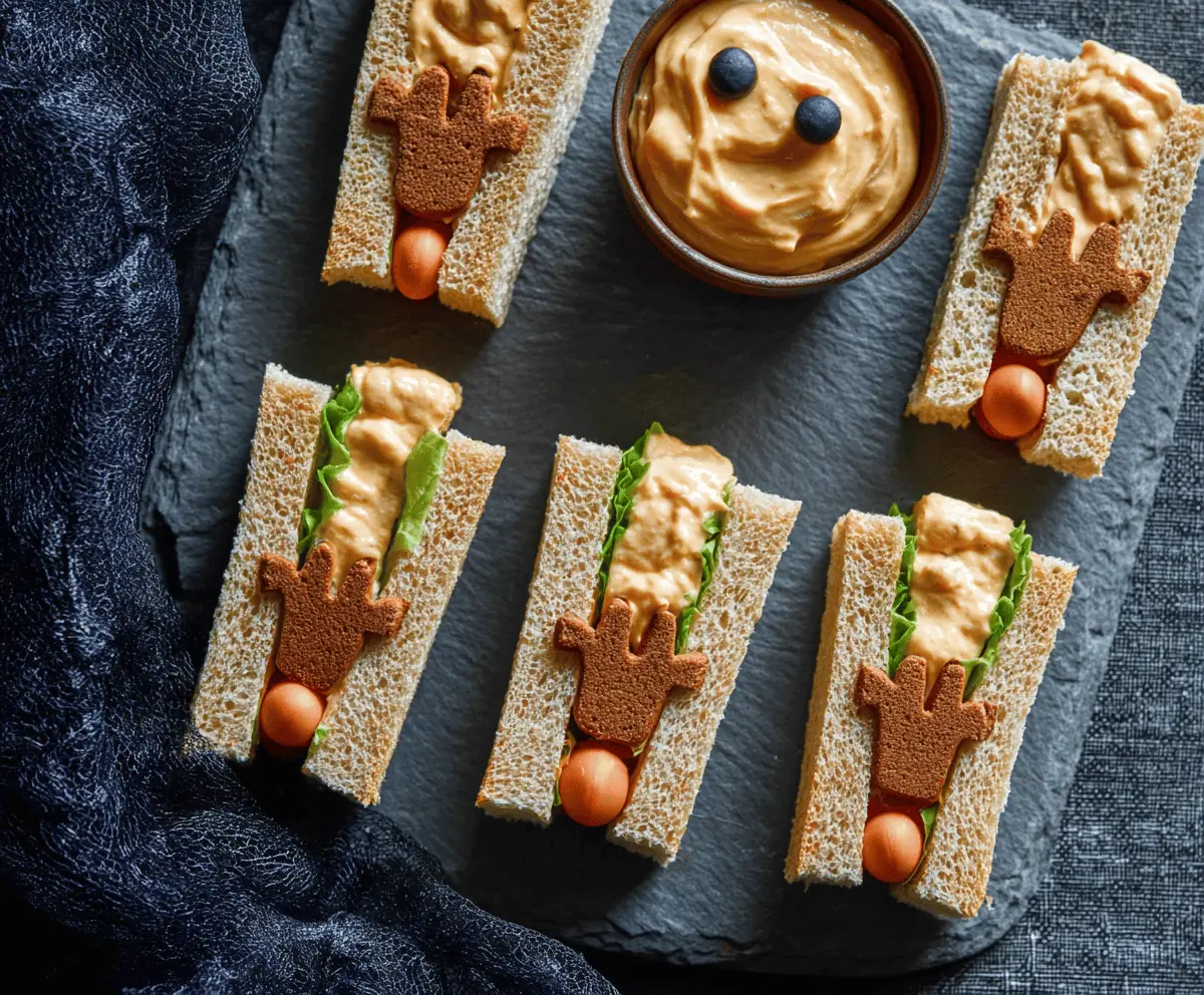 A tray of spooky finger sandwiches decorated for Halloween with creepy finger-shaped bread and ghoulish garnishes, perfect for Halloween parties.