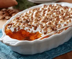 Creamy baked sweet potato casserole topped with marshmallows and pecans, served as a delicious holiday side dish