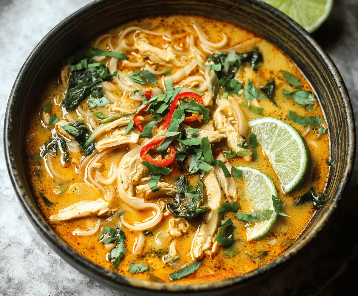 A bowl of Thai Curry Chicken Soup garnished with fresh herbs, showcasing tender chicken pieces, vibrant vegetables, and rich coconut curry broth.