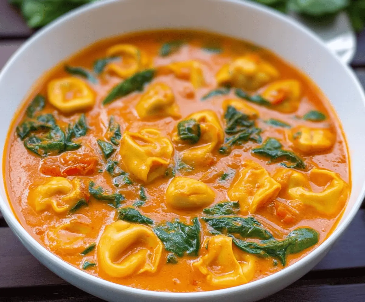 A bowl of Tomato Tortellini Soup garnished with fresh basil leaves, showcasing vibrant red tomato broth, cheesy tortellini, and colorful vegetables for a comforting and delicious meal.