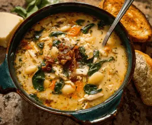 Creamy Tuscan Chicken Soup with tender chicken, spinach, sun-dried tomatoes, and parmesan cheese in a flavorful broth, perfect for a comforting meal.