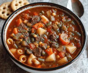 Hearty vegetable beef soup with fresh carrots, celery, potatoes, and tender beef chunks in a flavorful broth