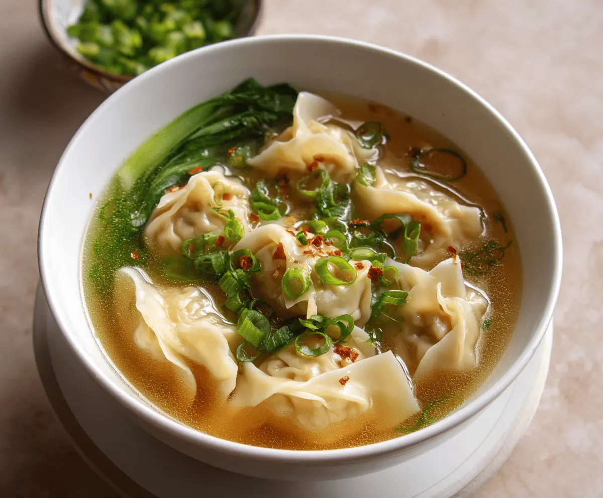 Delicious homemade wonton soup featuring savory wontons, fresh vegetables, and flavorful broth in a white bowl.